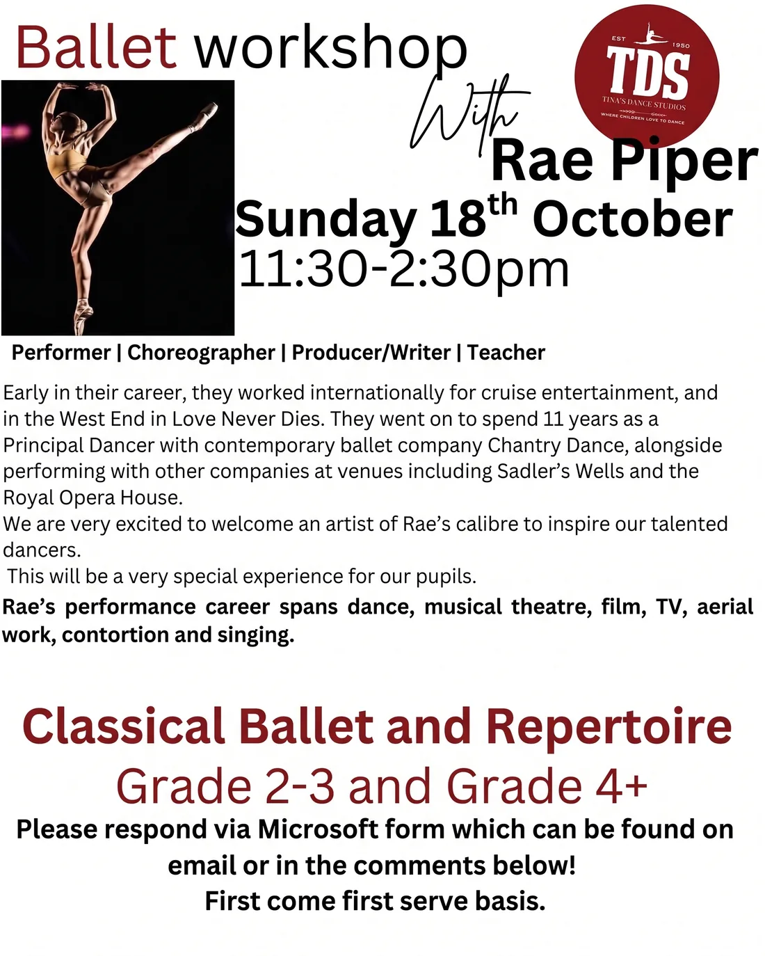 rae-piper-ballet-workshop-poster-18-october-2026 Rae Piper Ballet Workshop poster: Sunday 18th October, 11:30am to 2:30pm, Classical Ballet and Repertoire at Tina’s Dance Studios